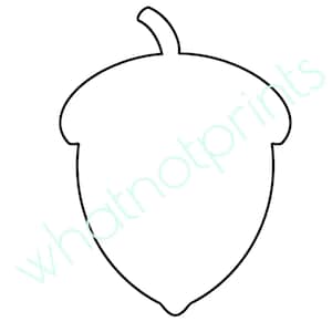 May include: A black and white line drawing of an acorn shape with a stem at the top. The outline is clean and simple, forming the silhouette of a nut. The text whatnotprints is visible in light blue across the center of the acorn shape.