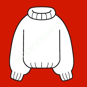 Op de afbeelding: Illustratie van een witte coltrui op een rode achtergrond. De trui heeft een geribbelde kraag, manchetten en zoom. Het ontwerp is een eenvoudige, strakke omtrek, perfect voor kleding- of grafische ontwerpprojecten.