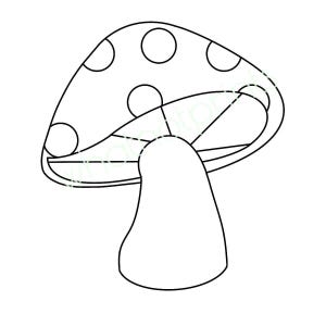 May include: A black and white line drawing of a mushroom. The mushroom cap has several large, evenly spaced circles. The stem is smooth and rounded. The image is a simple, graphic illustration.