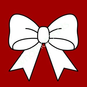May include: A white bow with black outlines against a red background. The bow is symmetrical, with two loops and two streamers. The design is simple and graphic, suitable for various applications.