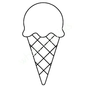 Puede incluir: Dibujo lineal en blanco y negro de un cono de helado. La bola de helado tiene forma redondeada y el cono tiene un patrón entrecruzado.