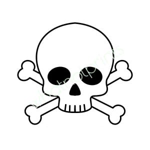 Puede incluir: Una ilustración en blanco y negro de una calavera y huesos cruzados.