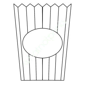 May include: A black and white line drawing of a popcorn container. The container has vertical stripes and a blank oval in the center. The top edge has a zig-zag pattern.
