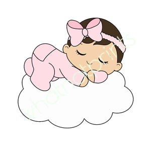 Bebé recién nacido comercial durmiendo en una nube en rosa con lazo rosa. Imagen prediseñada o calcomanía de fondo transparente de alta resolución PNG y SVG.