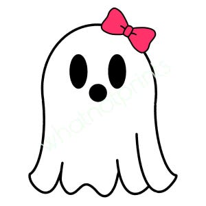 May include: A cartoon ghost illustration with a pink bow on its head. The ghost is white with black eyes and a black mouth. The image has a simple, clean design, perfect for Halloween-themed products.