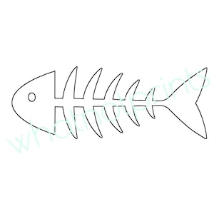May include: A black and white line art illustration of a fish skeleton. The design features a simple outline of a fish head with a circular eye, a central spine, and several curved ribs extending outward, ending in a pointed forked tail fin.