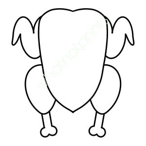 May include: A black and white line drawing of a whole roasted turkey, viewed from the front. The turkey is depicted with its wings, legs, and body outlined in black against a white background. The image is a simple, cartoon-like illustration.