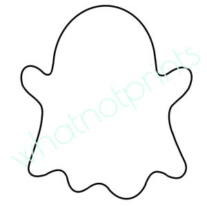 May include: A simple black and white line drawing of a ghost shape with a rounded head and two outstretched arms. The bottom edge features a wavy, scalloped design. The text whatnotprints is visible in light blue across the center of the image.