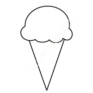 Puede incluir: Un dibujo lineal en blanco y negro de un cono de helado. La bola de helado tiene un borde ondulado y el cono tiene una forma triangular simple. La imagen es un contorno simple.