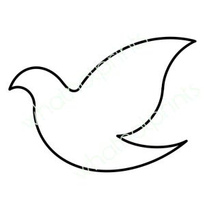 Può includere: Un contorno nero di una colomba in volo, simbolo di pace. Le ali dell'uccello sono spiegate e il suo becco è leggermente aperto. L'immagine è un design semplice e minimalista.