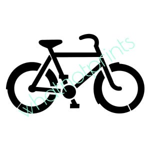May include: A black silhouette graphic of a bicycle featuring a frame, two wheels, a seat, handlebars, and a single pedal. The design is presented in a flat, solid black color against a plain background, with the text whatnotprints visible.