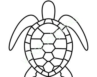 May include: A black and white line drawing of a sea turtle with a detailed shell.