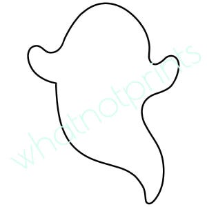May include: A simple black outline drawing of a ghost shape with a rounded head and two arm-like protrusions on the sides, featuring a wavy bottom edge. The text whatnotprints is visible in light green across the centre of the ghost figure.