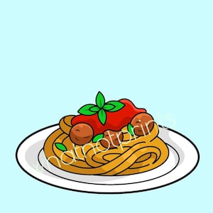 May include: A cartoon illustration of spaghetti and meatballs on a white plate. The pasta is golden, topped with red sauce, meatballs, and green basil leaves. The plate has a black outline against a light blue background.