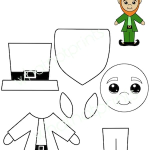 May include: Black and white line art printable craft of a leprechaun. The craft includes a hat, face, body, legs, and shoes.