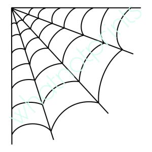 Può includere: Un'illustrazione grafica in bianco e nero di un design ad angolo con ragnatela. Il motivo è composto da sottili linee nere che formano una struttura a ragnatela che si irradia da un punto d'angolo, con segmenti orizzontali curvi.