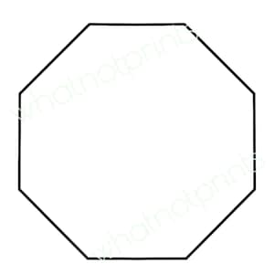 May include: A black octagon shape with a white interior. The geometric figure has eight sides and is outlined with a solid black line. The shape is centered on a white background.