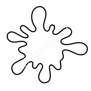 Pode incluir: Contorno preto de um desenho de respingo sobre fundo branco. O respingo tem uma forma irregular com bordas arredondadas e uma área central aberta. O design é simples e gráfico.