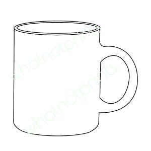 May include: A black and white outline drawing of a mug with a handle.