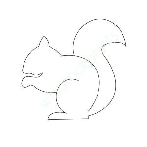 May include: A simple line drawing of a squirrel in profile, facing left. The squirrel is depicted with a large, fluffy tail and is holding a nut in its front paws. The image is in black and white.