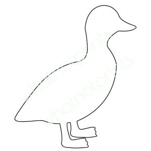 May include: A black and white outline of a duck. The duck is standing with its head turned slightly to the right. The outline is clean and simple, with the duck's features clearly defined.