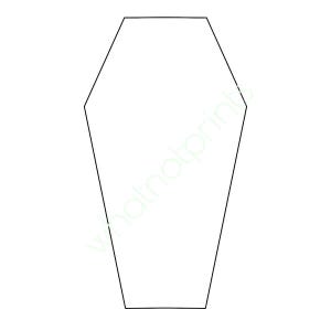 May include: A black outline of a coffin shape on a white background. The coffin has a rectangular top, angled sides, and a flat bottom. The image is a simple, minimalist design.
