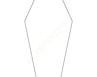 May include: A black outline of a coffin shape on a white background. The coffin has a rectangular top, angled sides, and a flat bottom. The image is a simple, minimalist design.