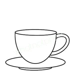 May include: A black and white line drawing of a teacup and saucer. The teacup has a rounded body and a curved handle. The saucer is circular. The image is a simple, minimalist design.