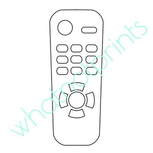 May include: A black and white line art illustration of a remote control featuring a circular top button, a rectangular button, a three-by-three grid of small buttons, and a directional navigation pad with a central button at the bottom.