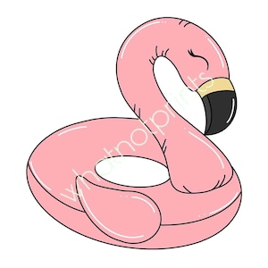 Könnte beinhalten: Ein aufblasbarer Pool-Schwimmring in Form eines rosa Flamingos mit schwarzem Schnabel, goldenen Akzenten und geschlossenen Augen. Der Schwimmring hat ein kreisförmiges Design mit einem Ausschnitt in der Mitte. Der Text "whatnotprints" ist sichtbar.