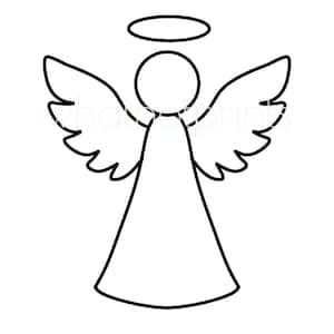 May include: A black and white line drawing of an angel with wings and a halo. The angel is facing forward with its arms at its sides.