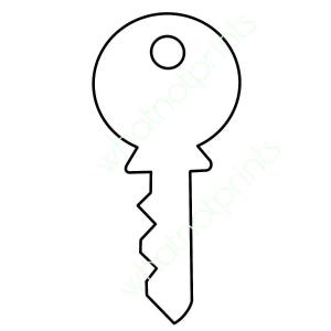 May include: A black outline of a key. The key has a circular top with a small circle inside. The key's shaft has a series of jagged edges.