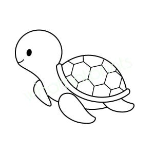 Peut inclure: Illustration en noir et blanc d'une tortue de mer de dessin animé. La tortue a une tête arrondie, un visage souriant et une carapace avec un motif géométrique. Les nageoires de la tortue sont visibles, suggérant le mouvement.