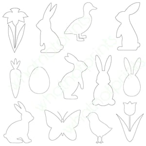 Può includere: Illustrazioni a tratto bianco di oggetti a tema pasquale. L'immagine include i contorni di un narciso, diversi conigli, un'anatra, una carota, un uovo, una farfalla, un pulcino e un tulipano.