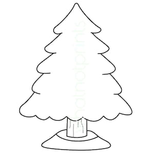 May include: A black and white line drawing of a Christmas tree. The tree has a layered design with a trunk and a base. The image is a simple outline, suitable for coloring or crafting projects. The text "whatnotprints" is faintly visible on the tree.