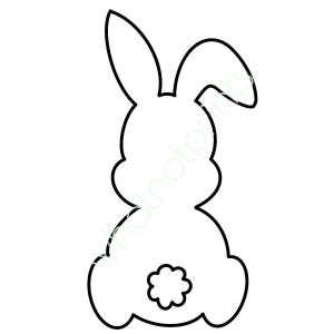 May include: A black outline of a bunny rabbit, viewed from the back. The bunny has long ears, a rounded body, and a small, flower-shaped tail. The image is a simple, minimalist design.