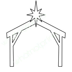 Puede incluir: Un dibujo lineal en blanco y negro de un pesebre. La imagen presenta una estructura de madera simple con una estrella en la parte superior. La estrella tiene ocho puntas y está centrada sobre la estructura. La estructura tiene dos vigas de techo en ángulo.
