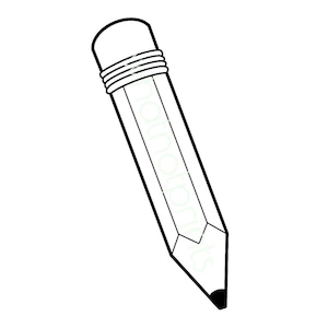 Peut inclure: Illustration en noir et blanc d'un crayon. Le crayon a une gomme blanche, une virole argentée et une pointe en graphite noire. Le crayon est incliné en diagonale de haut en bas à droite.