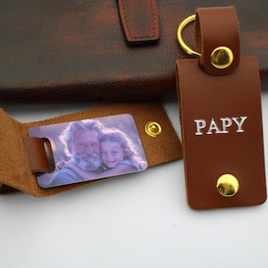 Porte-clés photo personnalisé pour papy | Porte-clé photo en cuir PU | Cadeau fête des grands pères | Cadeau d'anniversaire papy