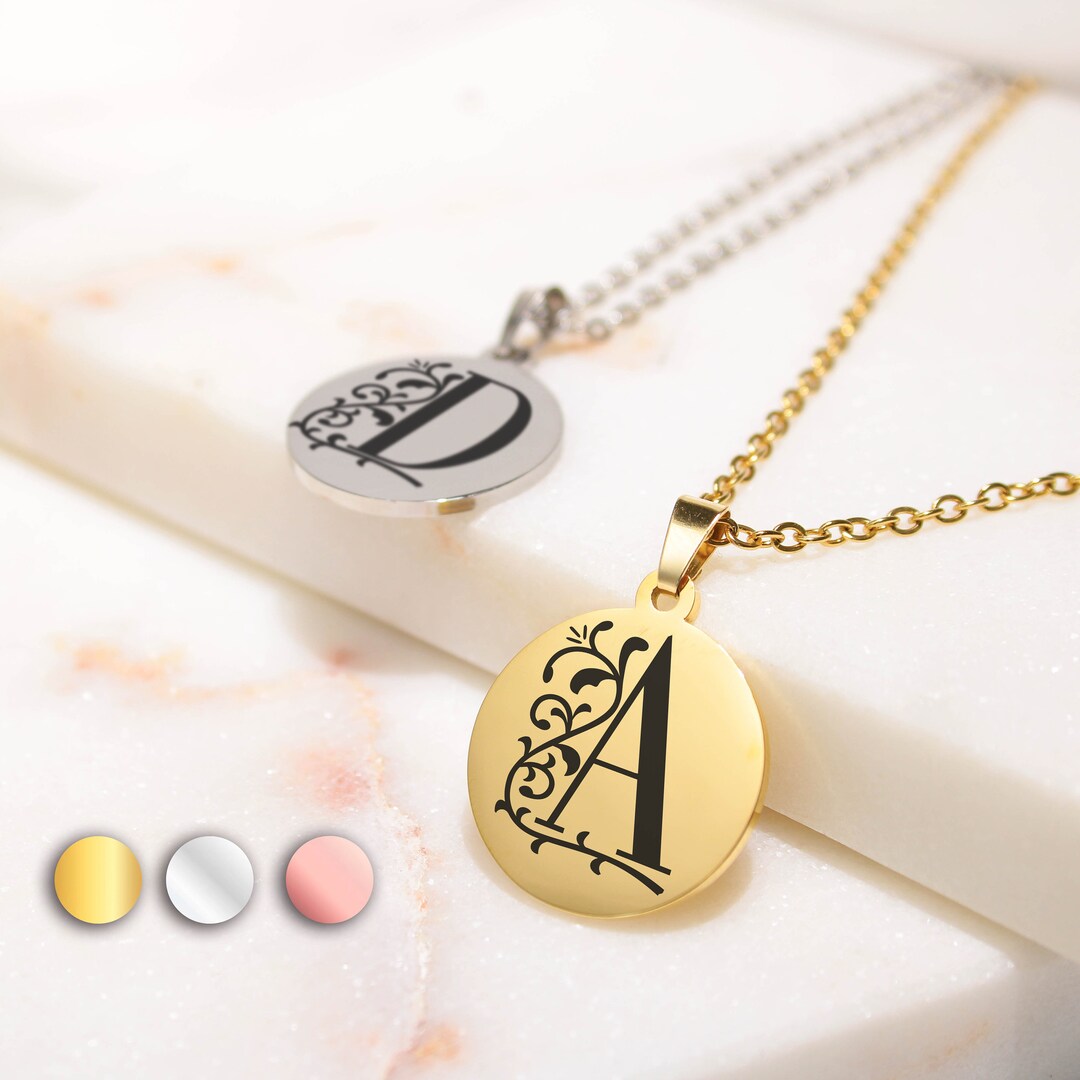 Personalized Floral Letter Necklace Engraved Monogram First Etsy
