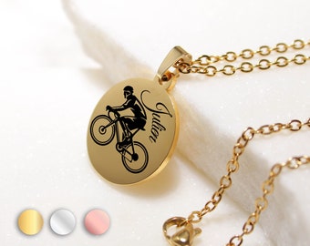 Personalized Cyclist Necklace with First Name, dad's birthday, uncle gift idea, Father's Day gift, bike necklace, mountain bike, bicycle