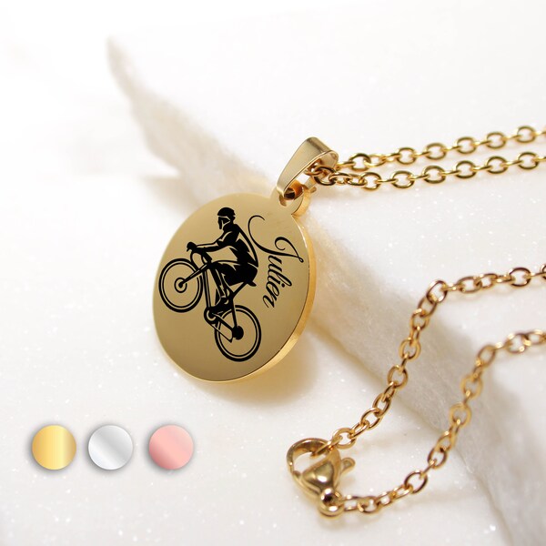 Collier Personnalisé Cycliste avec Prénom, anniversaire papa, idée cadeau tonton, cadeau fête des pères, collier vélo, VTT, bicyclette