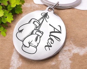 Personalized boxing glove keychain with first name, sports motivation gift idea, fight souvenir, men's birthday, stainless steel