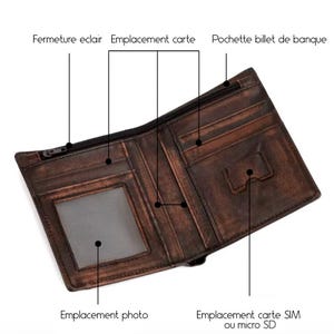 May include: Brown leather wallet with multiple card slots, a zippered compartment, and a billfold. The wallet also has a clear plastic window for a photo and a slot for a SIM card or micro SD card.