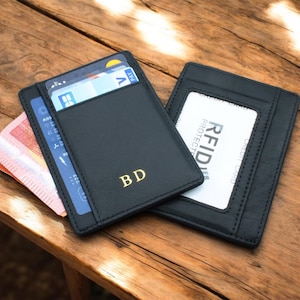 Porte carte personnalisé en cuir noir pour homme | Porte carte dorure argent ou Or | Cadeau gravure personnalisé | Porte carte RFID