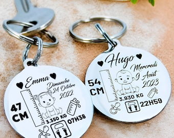 Personalized engraved birth keychain with baby statistics, round stainless steel medal, silver 35mm