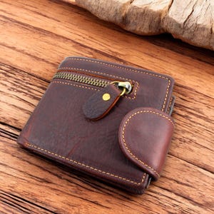 Portefeuille en cuir pour homme, cuir marron vintage, Cadeau d’anniversaire pour homme, Porte carte , portefeuille fermeture éclair