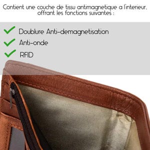 May include: A brown leather wallet with a zippered pocket and a lining that is anti-magnetic, anti-wave, and RFID blocking. The text on the image reads: "Contient une couche de tissu antimagnetique a l'interieur, offrant les fonctions suivantes : Doublure Anti-demagnetisation Anti-onde RFID"