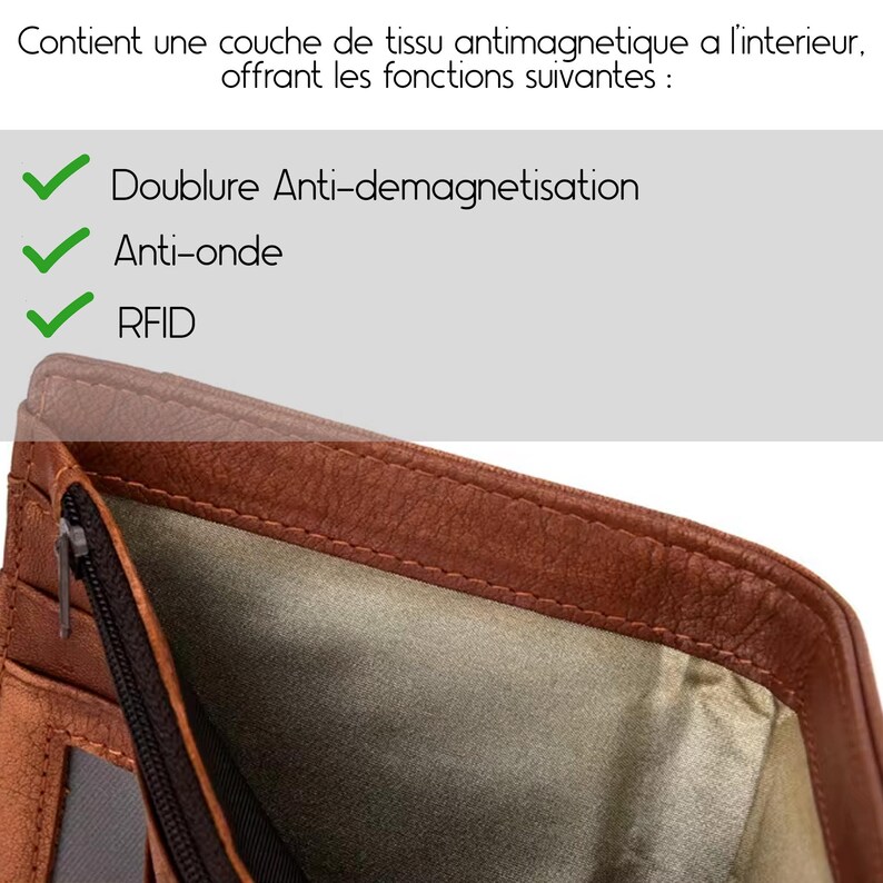 May include: A brown leather wallet with a zippered pocket and a lining that is anti-magnetic, anti-wave, and RFID blocking. The text on the image reads: "Contient une couche de tissu antimagnetique a l'interieur, offrant les fonctions suivantes : Doublure Anti-demagnetisation Anti-onde RFID"
