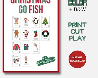 Afdrukbaar Christmas Go Fish-spel, vakantieactiviteit voor kinderen en gezinnen, Go Fish-kaartspel, familiespellen, klasspel, kerstactiviteit